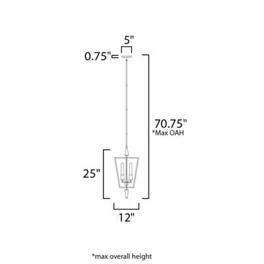 Maxim Lighting 11654BKSBR Wings Pendant - Dimension Diagram 12W x 25H inches Max OAH 70.75 inches
