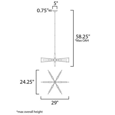 Maxim Lighting 11656BKSBR Wings Chandelier - dimension diagram showing 29 inch width, 24.25 inch height, 58.25 inch max overall height