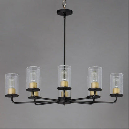 Maxim Lighting 11848CDSN Sleek 8 Light Chandelier in Black with Antiqued Brass socket covers and Clear Seeded glass cylinders - angled view