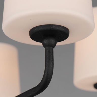 Maxim Lighting 12095SWSBR Bristol Chandelier - close-up detail of curved arm and cylindrical white glass shade