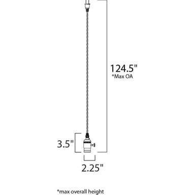 Maxim Lighting 12120BKAB Early Electric Pendant line drawing with dimensions 2.25 inch width 3.5 inch height 124.5 inch max overall