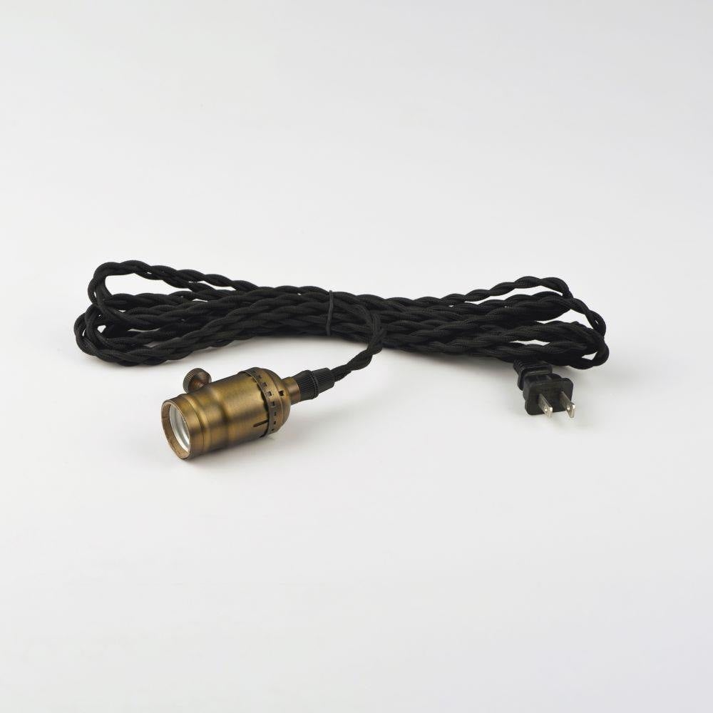 Maxim Lighting 12120BKAB Early Electric Pendant side view showing antique brass socket and black braided cord