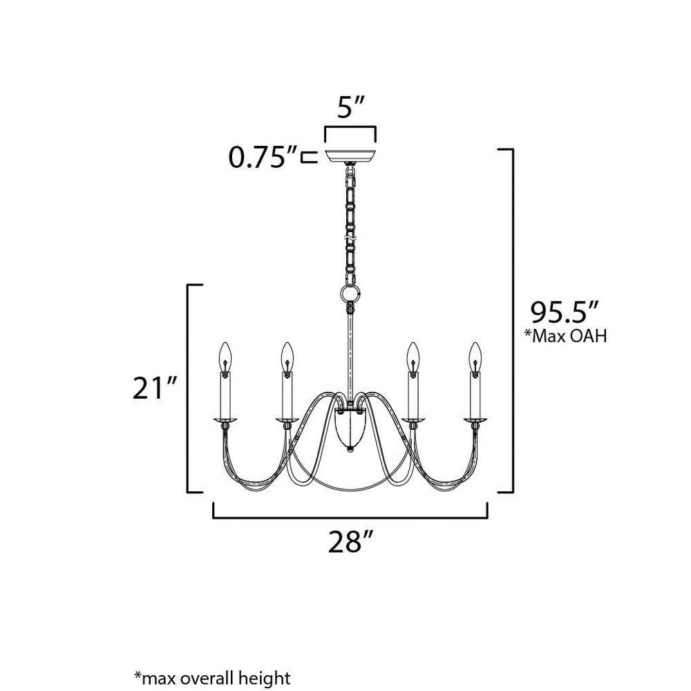 Maxim Lighting 12166GL/CRY Plumette Chandelier Dimension Diagram - 28 Inch Width, 21 Inch Height, 95.5 Inch Max Overall Height