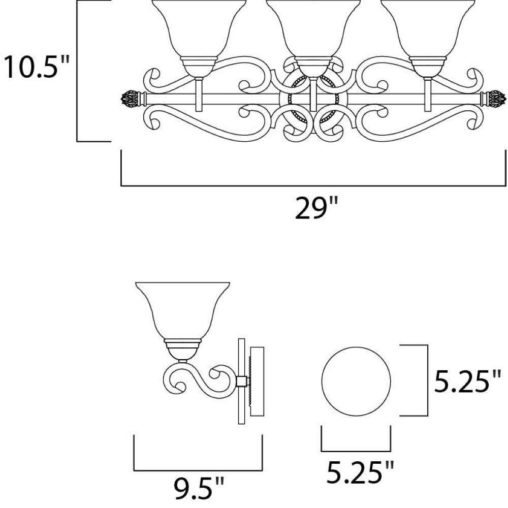 Maxim Lighting 12213FIOI Manor 3 Light Bath Vanity Wall Light - Dimensions Diagram 29 inch wide 10.5 inch high