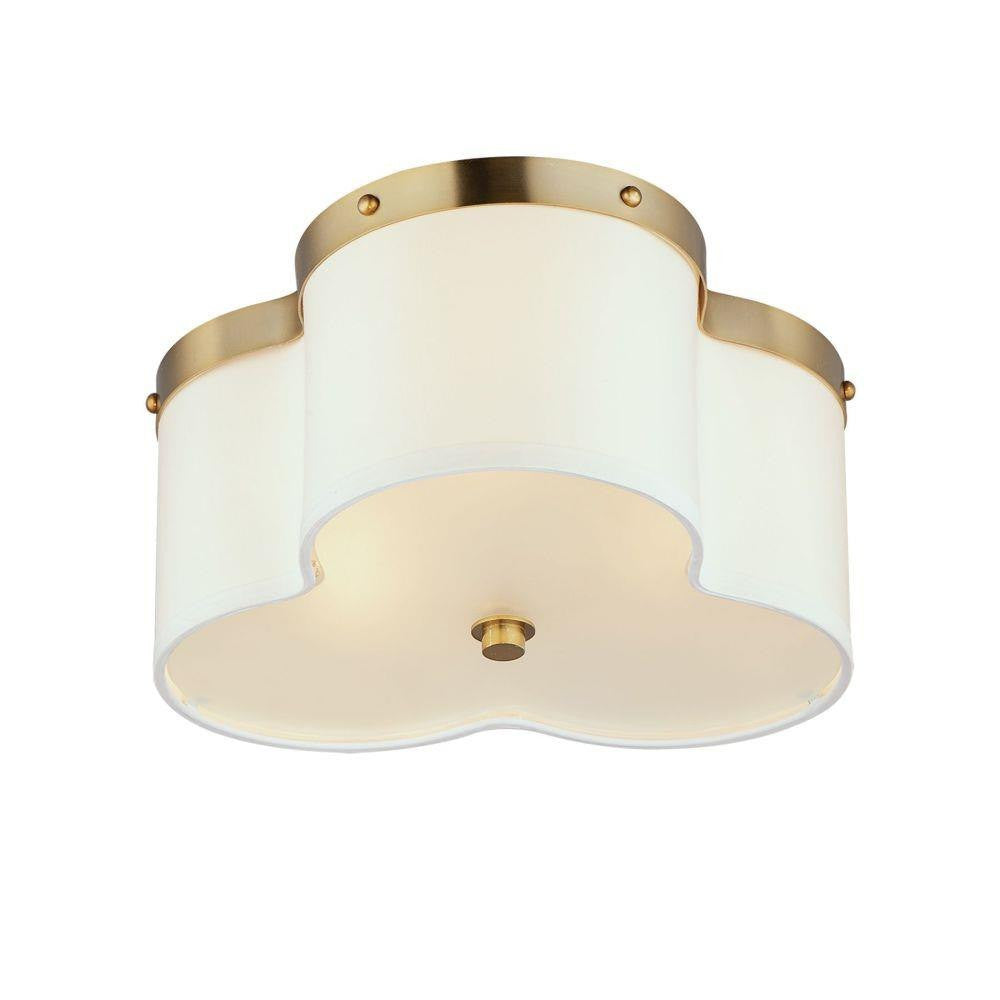 Maxim Lighting 12243OFSBR Clover 3 Light Satin Brass Flush Mount with Off-White Linen Shade - White Background