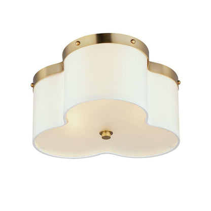 Maxim Lighting 12243OFSBR Clover 3 Light Satin Brass Flush Mount with Off-White Linen Shade - White Background