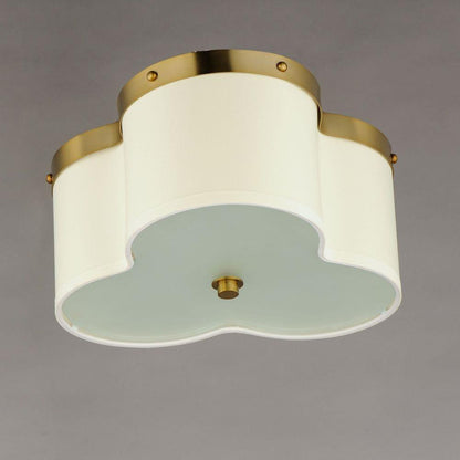 Maxim Lighting 12243OFSBR Clover Flush Mount bottom-up close-up view of geometric clover shade and satin brass hardware