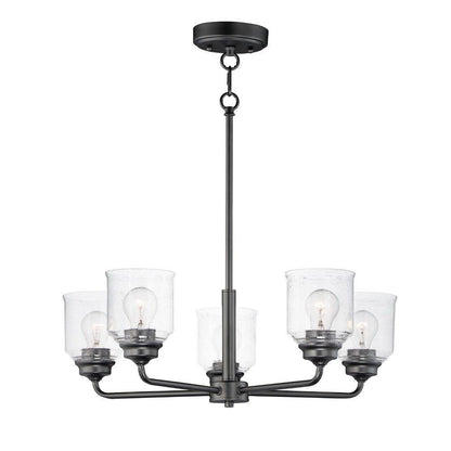 Maxim Lighting 12266CDSN Acadia 5 Light Chandelier Matte Black Front View with Clear Seedy Glass