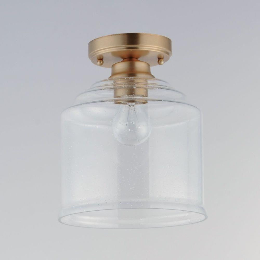 Maxim Lighting 12270CDHR Acadia Semi Flush Mount Heritage Brass - Side Angle View Showing Drum Glass Shade and Canopy