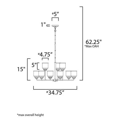 Maxim Lighting 12277CDHR Acadia 9 Light Chandelier - Dimensions Diagram (34.75 inch diameter, 62.25 inch Max OAH)