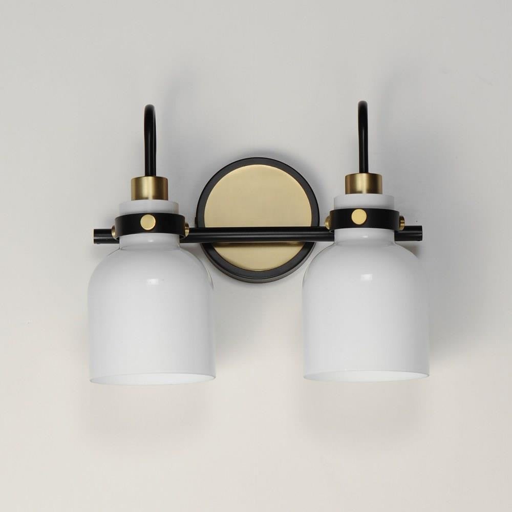 Maxim Lighting 12332WTPC Milk 2 Light Bath Vanity Wall Light in Black Satin Brass finish with white glass shades angled view