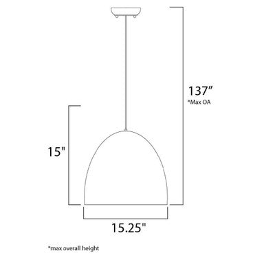 Maxim Lighting 12396GYPC Crete Pendant dimension diagram showing 15.25 inch width, 15 inch height, and 137 inch max overall height