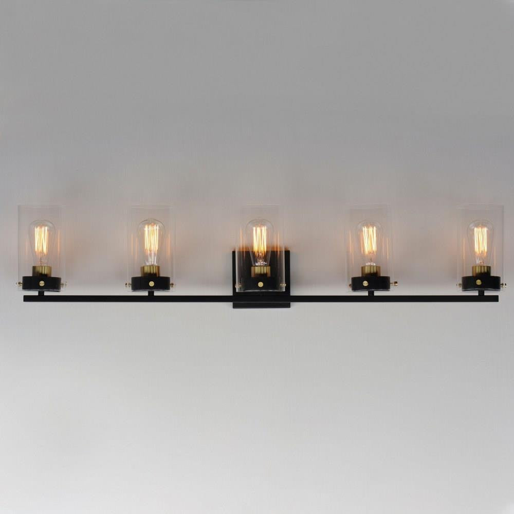 Maxim Lighting 12405CLBKSBR Pinn 5 Light Bath Vanity Wall Light - Lit on Grey Background