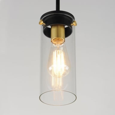 Maxim Lighting 12406CLBKSBR Pinn Mini Pendant Illuminated Close-Up Showing Black and Satin Brass Detail