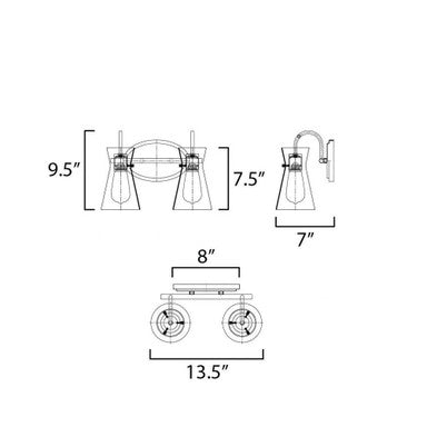 Maxim Lighting 12482CLPC Ava 2 Light Bath Vanity Wall Light Dimensions Diagram 13.5W x 9.5H x 7D Inches