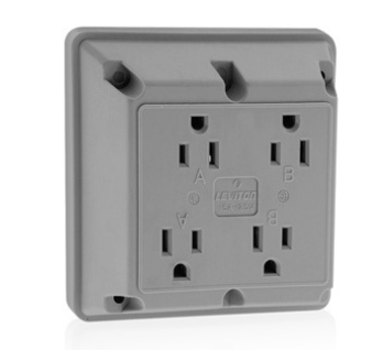 Leviton 1254-GY 4-in-1 Quadruplex 2-Pole 3-Wire Receptacle Outlet, Heavy-Duty Industrial Grade, 15A, 125V, Side Wire, NEMA 5-15R, Gray