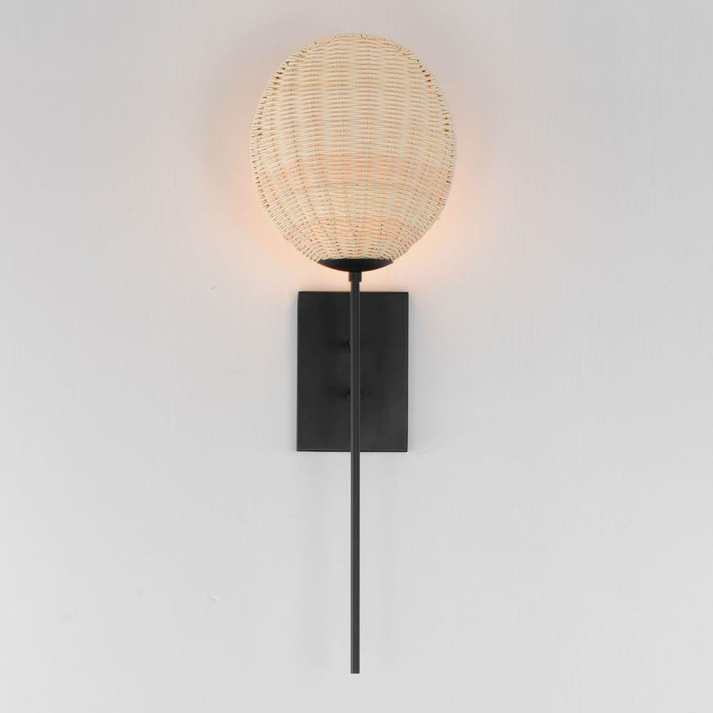 Maxim Lighting 12601NABK Maldives 1 Light Wall Sconce illuminated showing warm ambient glow through wicker shade
