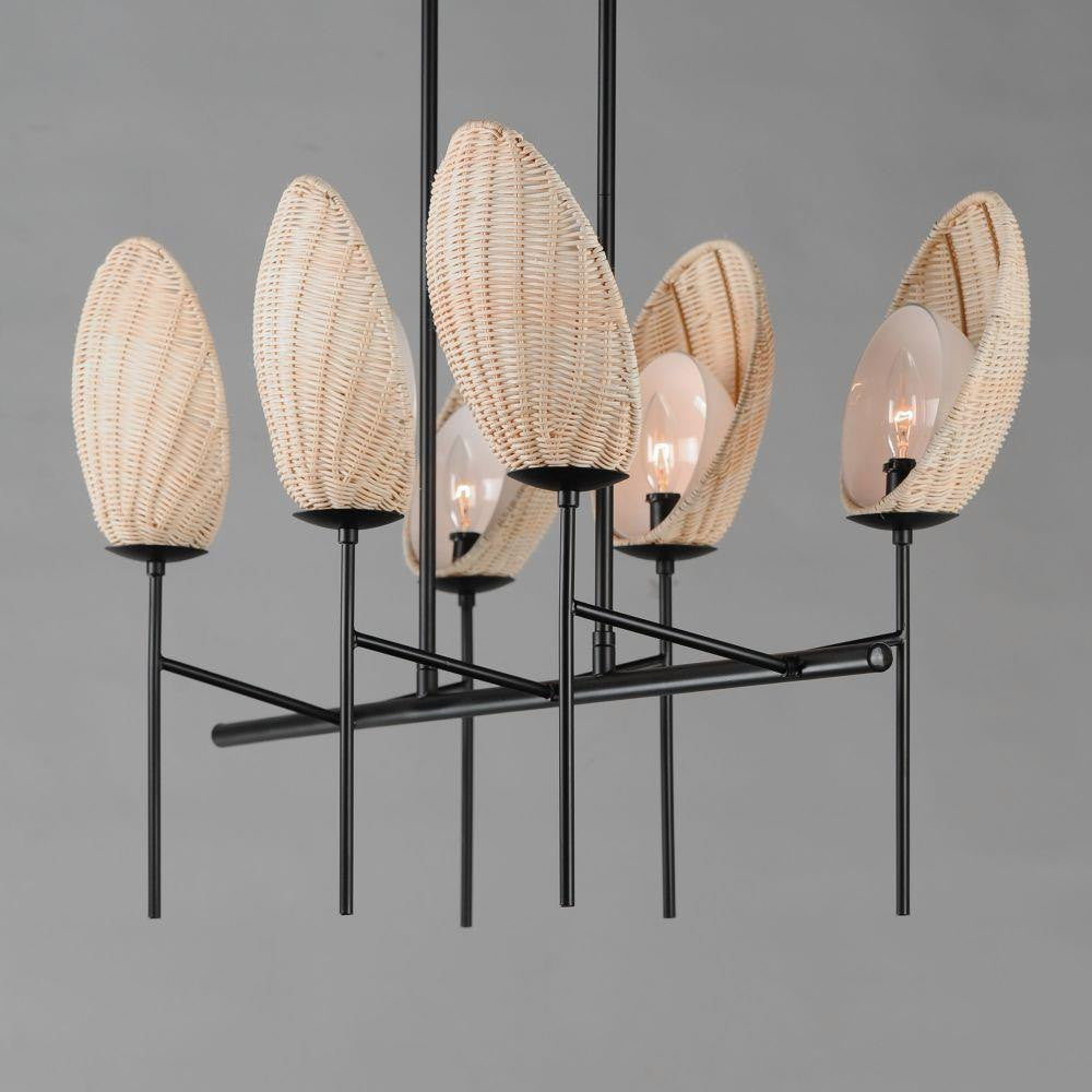 Maxim Lighting 12607NABK Maldives 6 Light Natural Black Chandelier - close-up angle view showing wicker shades