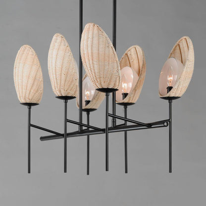 Maxim Lighting 12607NABK Maldives 6 Light Natural Black Chandelier - close-up angle view showing wicker shades