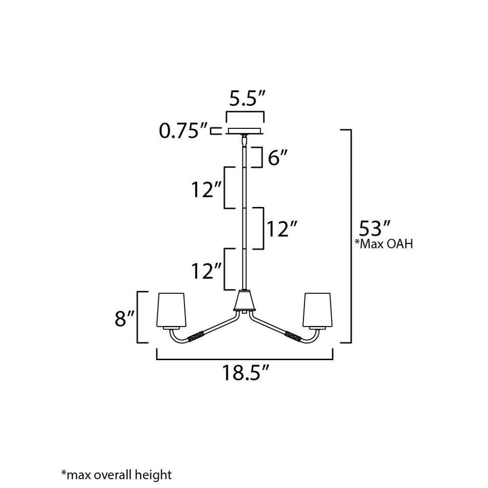 Maxim Lighting 12695WTBK Durham Mini Chandelier dimension diagram showing 18.5 inch width and 8 inch height