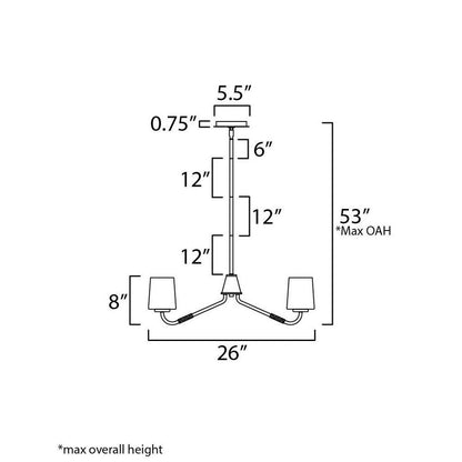 Maxim Lighting 12696WTBK Durham Chandelier Dimensions Diagram - 26 Inch Wide 8 Inch Tall 53 Inch Max OAH
