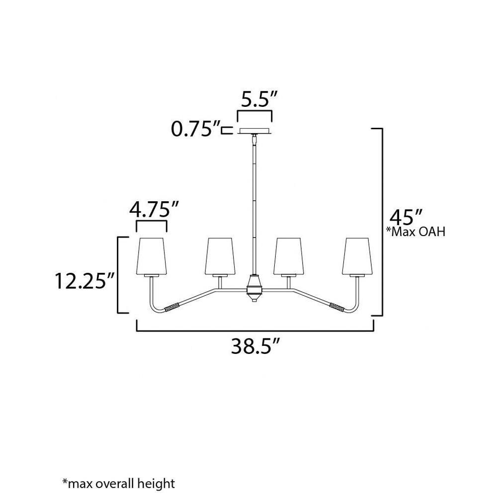 Maxim Lighting 12697WTPC Durham 4 Light Linear Pendant dimension diagram showing 38.5 inch length 12.25 inch height 4.75 inch shade width 45 inch max OAH