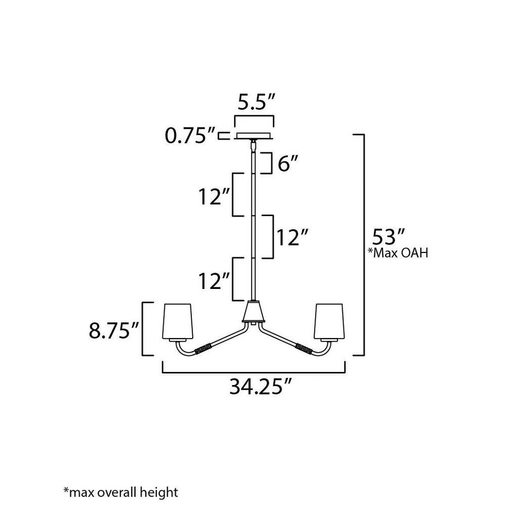 Dimension diagram for Maxim Lighting 12698WTNAB Durham 8 Light Chandelier showing 34.25 inch width and 8.75 inch height