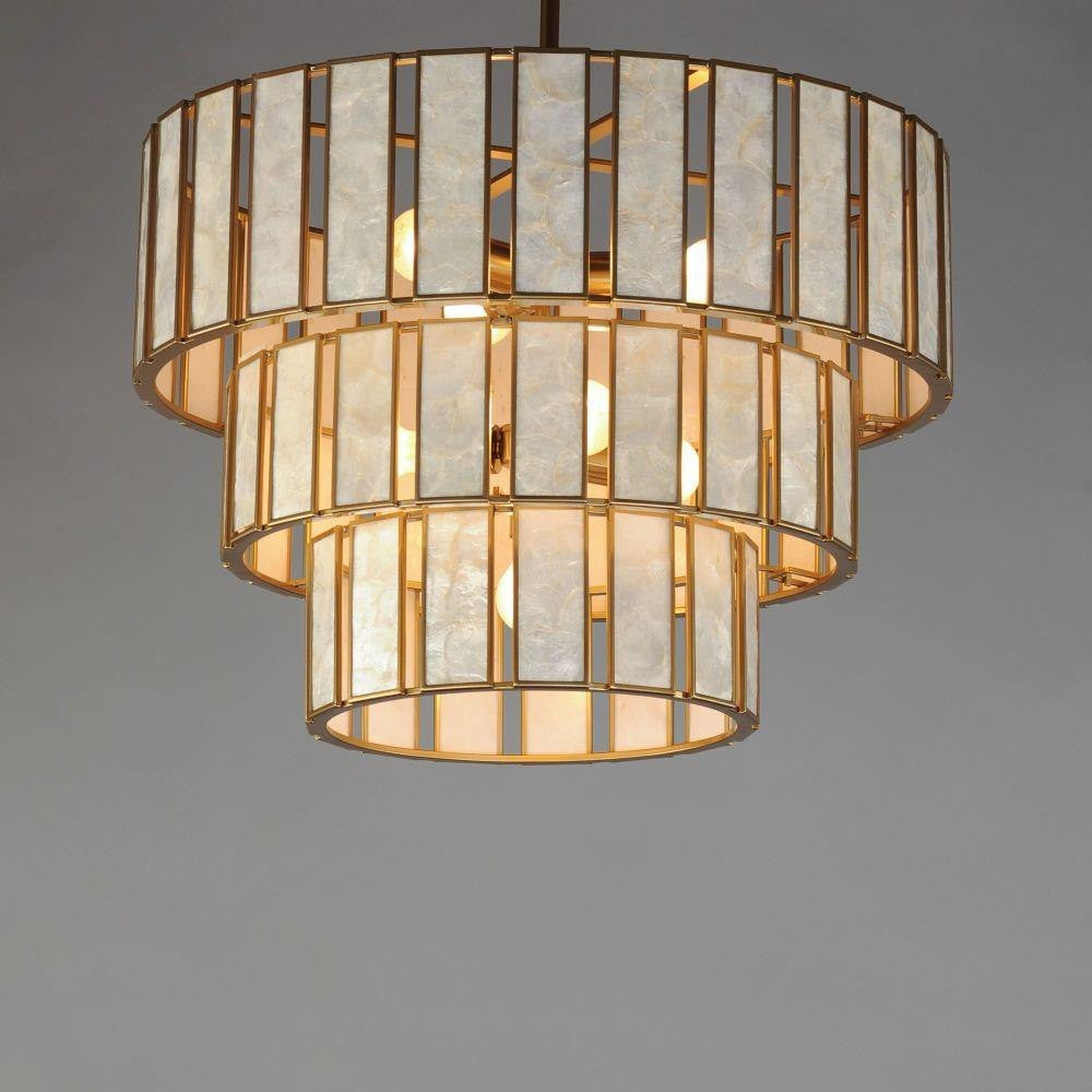 Maxim Lighting 12808CZNAB Miramar Chandelier - Close-Up Three-Tier Capiz Shell and Brass Frame Detail