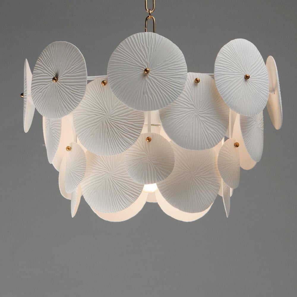 Maxim Lighting 12824WTNAB Isla 4 Light Chandelier Close-Up - White Textured Ceramic Panels with Natural Aged Brass Accents