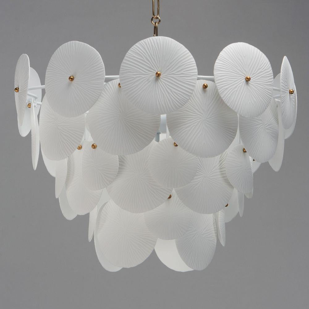 Maxim Lighting 12825WTNAB Isla Chandelier close-up showing textured ceramic panels with brass knob accents