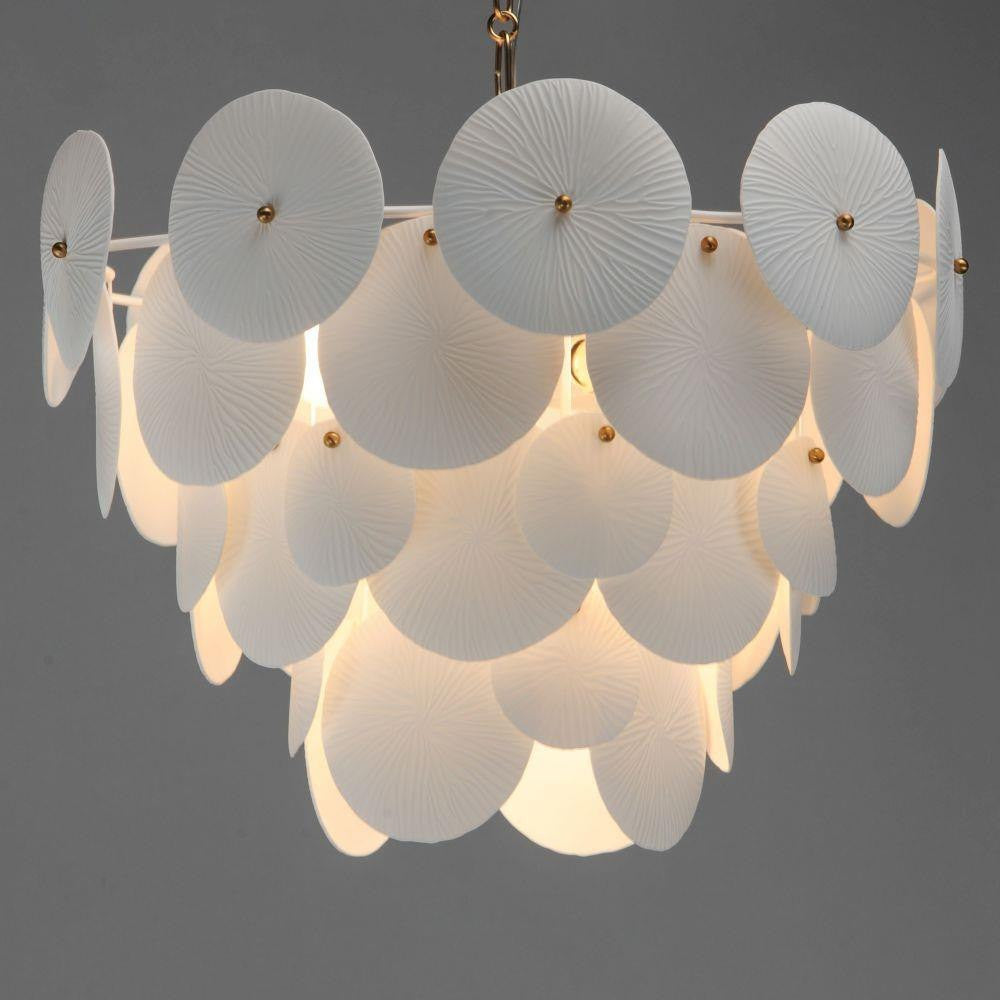 Maxim Lighting 12825WTNAB Isla Chandelier illuminated showing warm ambient glow diffused through layered ceramic panels