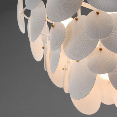 Maxim Lighting 12825WTNAB Isla Chandelier detail of translucent ceramic disc panels and brass accent knobs