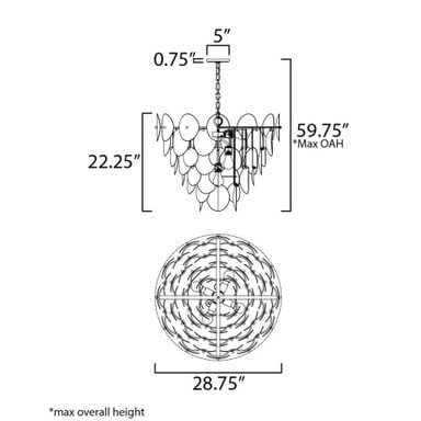 Maxim Lighting 12827WTNAB Isla Chandelier dimensions diagram - 28.75 inch wide by 22.25 inch tall