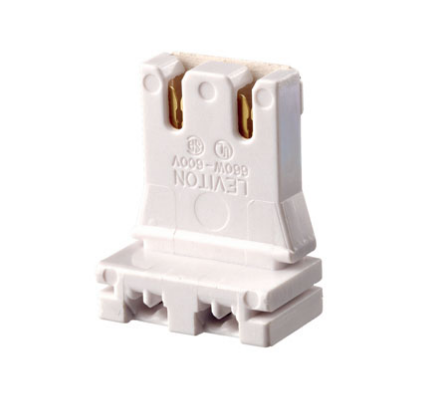 Leviton 13150-UR5 Medium Base, Bi-Pin, Standard Fluorescent Lampholder, Low Profile, Slide-On, Straight-In Double Edge, , Quick-Connect 18AWG Solid or Str. Tinned - White