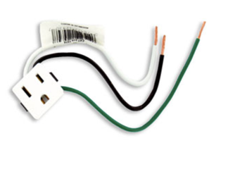 Leviton 1374-1W 15A, 125V NEMA 5-15r, 2p, 3w, Snap-in Receptacle, Straight Blade, Grounding, Leads 14ga 6" Long Wired, White