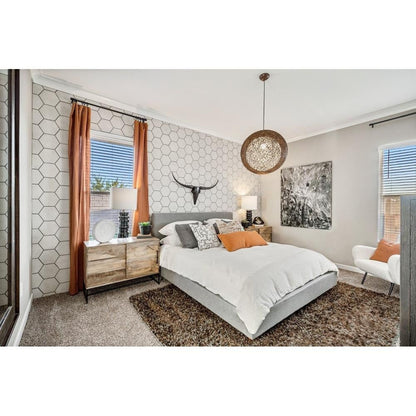 Maxim Lighting 14405NAWT Bali Woven Globe Chandelier Installed in Modern Bedroom Setting