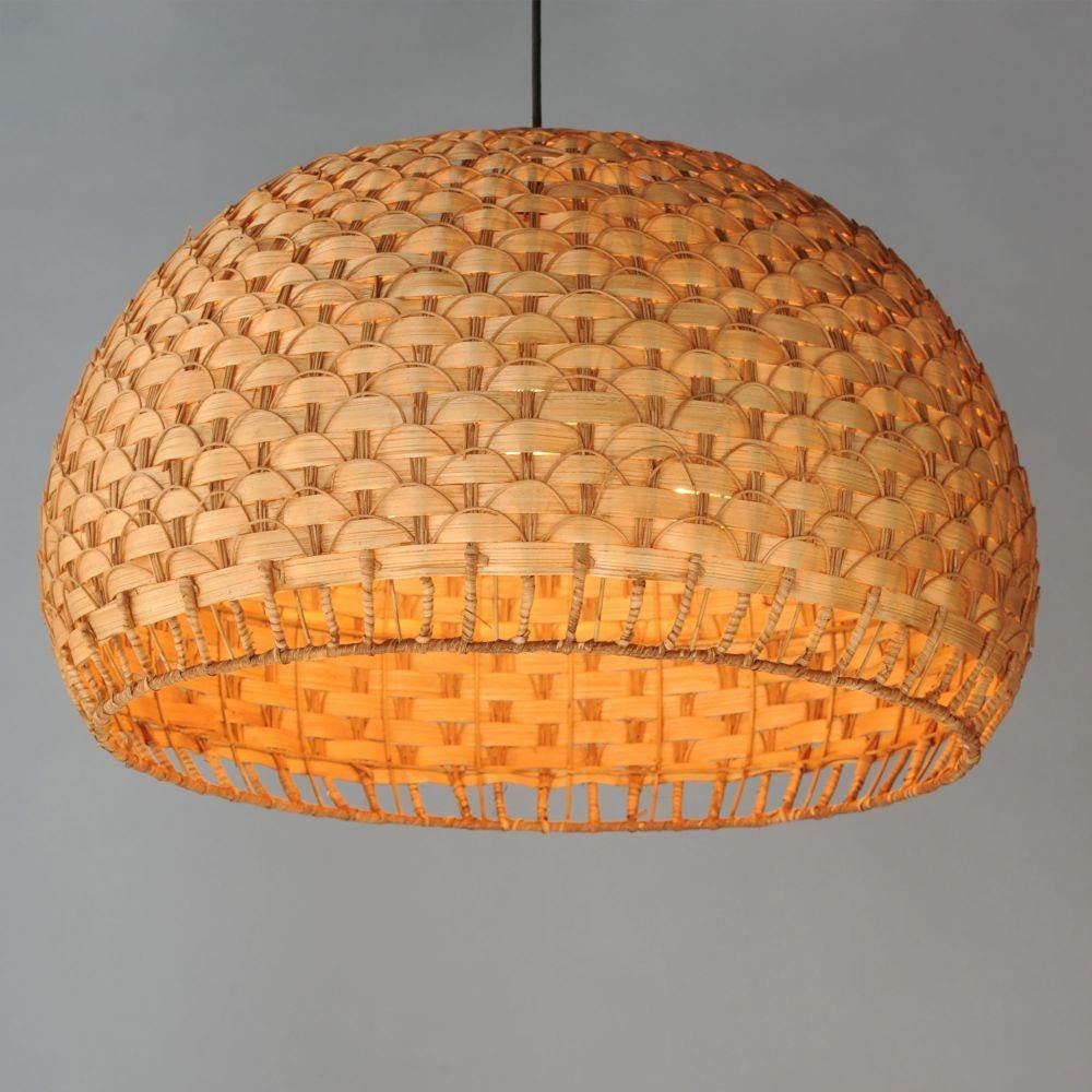 Maxim Lighting 14415NABK Tahiti 3 Light Natural Black Pendant Ceiling Light - illuminated view showing warm light through woven bamboo