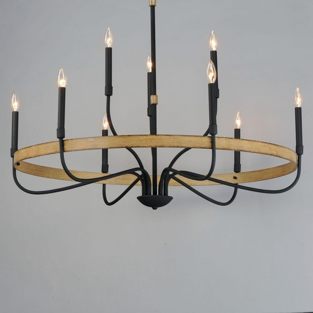 Maxim Lighting 14449DWBK Franklin 9 Light Distressed Wood Black Chandelier - lit up close angle view
