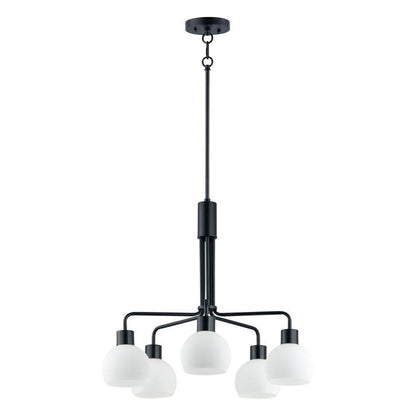 Maxim Lighting 11277SWSN Coraline 5 Light 26.75 inch Satin Nickel Chandelier Ceiling Light - Black Finish with Satin White Glass Domes on White Background