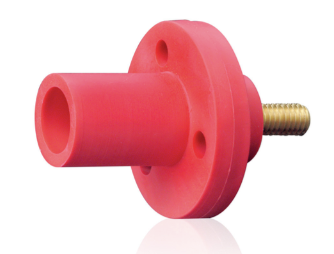 Leviton 15R21-1UR 15 Series Cam-Type Male Panel Mount Receptacle, 0.75" Threaded Stud Termination, 90-Degree, #8, #2 AWG, 150A Max, Type 3R When Mated, Red Finish