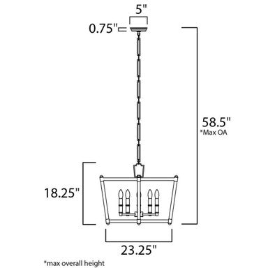 Maxim Lighting 16103CLHR Lucent Chandelier dimension diagram showing 23.25 inch width, 18.25 inch fixture height, and 58.5 inch max overall height