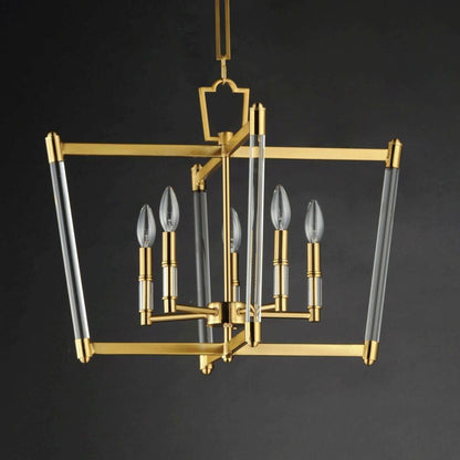 Maxim Lighting 16103CLHR Lucent 5 Light Heritage Brass Chandelier with clear glass rod accents, front view on dark background
