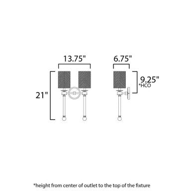 Maxim Lighting 16108WTCLHR Lucent 2 Light Heritage Brass Wall Sconce - Dimension Diagram