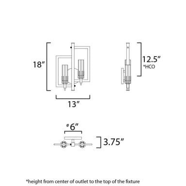 Maxim Lighting 16112CLBKAB Flambeau 2 Light Black Antique Brass Wall Sconce - Dimensions Diagram