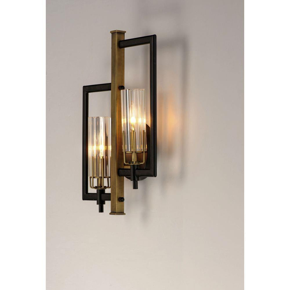 Maxim Lighting 16112CLBKAB Flambeau 2 Light Black Antique Brass Wall Sconce - Lit Angle View