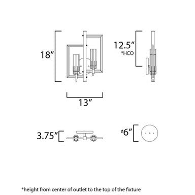 Maxim Lighting 16115CLBKAB Flambeau 2 Light Wall Sconce - Dimension Diagram