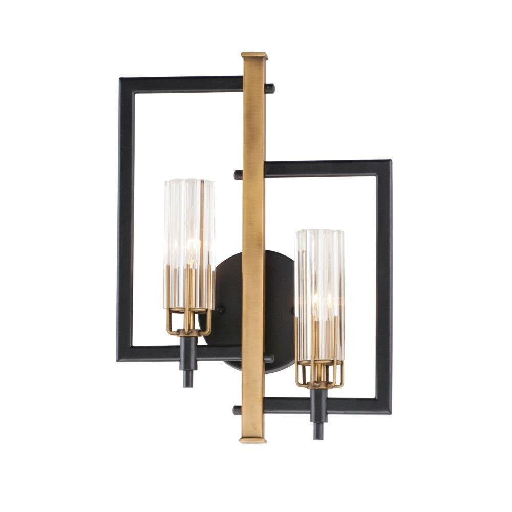 Maxim Lighting 16115CLBKAB Flambeau 2 Light Wall Sconce in Black and Antique Brass - Front View on White