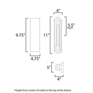 Maxim Lighting 16120CRBKAB Opulent Outdoor Wall Sconce - Dimension Diagram (11 in H x 4 in W x 5 in D)