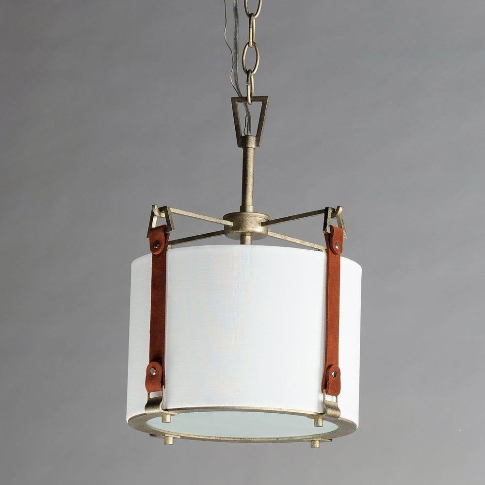 Maxim Lighting 16133FTWZBSD Sausalito 1 Light Weathered Zinc Pendant with Linen Shade and Suede Straps - Angled View