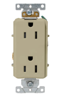 Leviton 16252-I Decora Plus Duplex Receptacle, Back/Side Wired, 15A, NEMA 5-15R, 2P, 125V, Ivory Finish